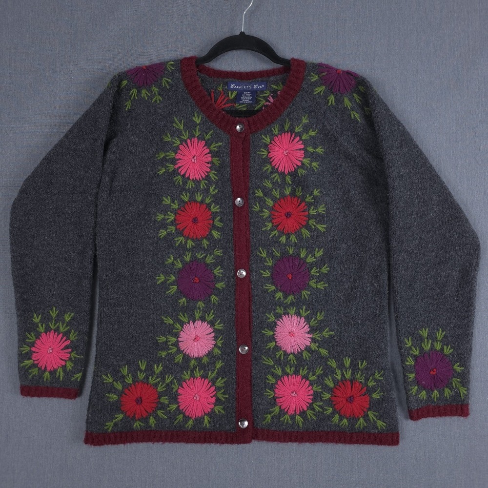 Vintage Eagles Eye‎ Cardigan Sweater Medium Gray Floral Cottage Core Grandma